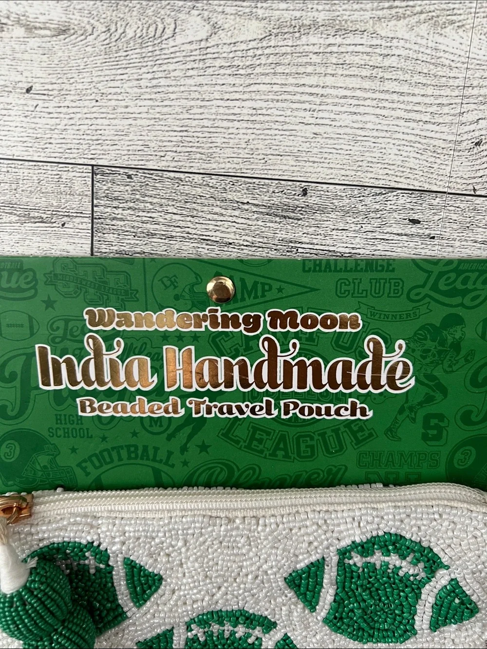Wandering Moon India Handmade Beaded Travel Pouch with Green Football Motif